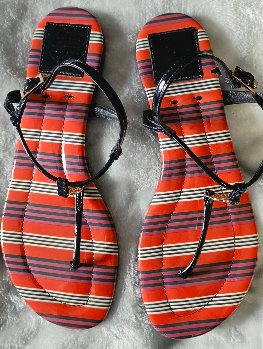 Tory Burch Red Striped Footbed Navy Patent T-Strap Sandals